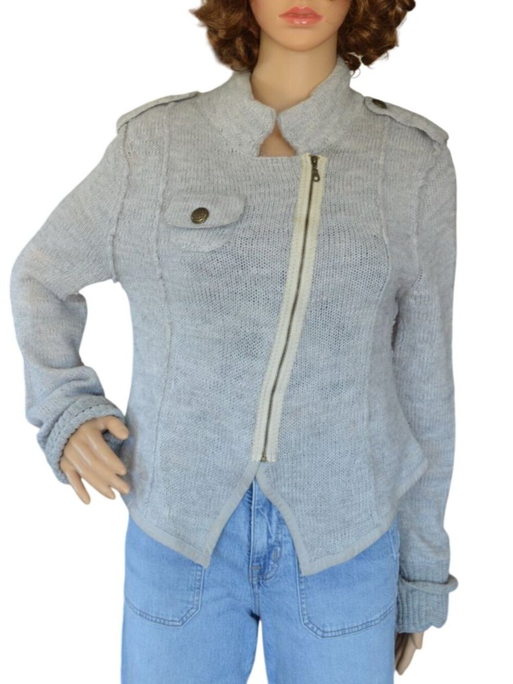 We the Free by Free People Gray Knit Asymmetrical Zip Up Sweater Women's Size L